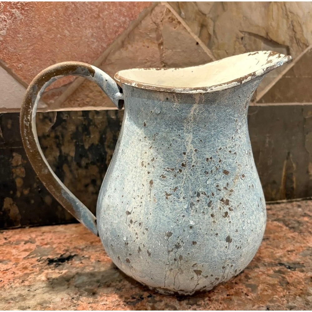 Rustic Distressed Blue Metal Pitcher Farmhouse Decorative Vase 7.75 Inch